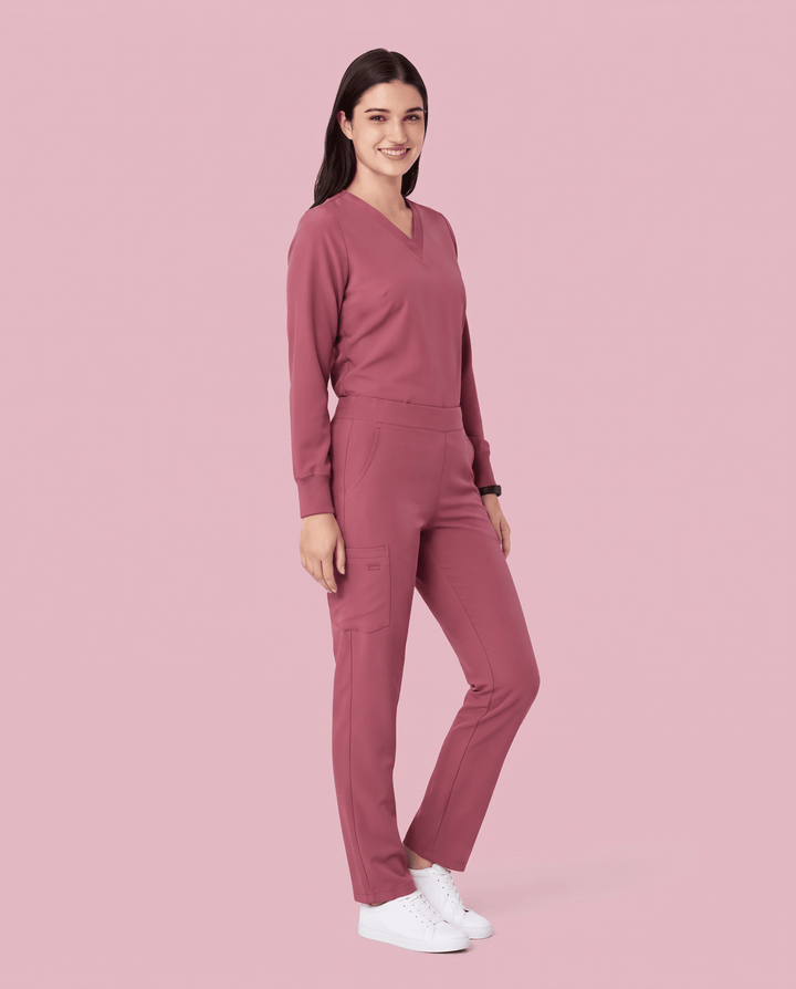 Long-Sleeve 6-Pocket V-neck Top Mauve