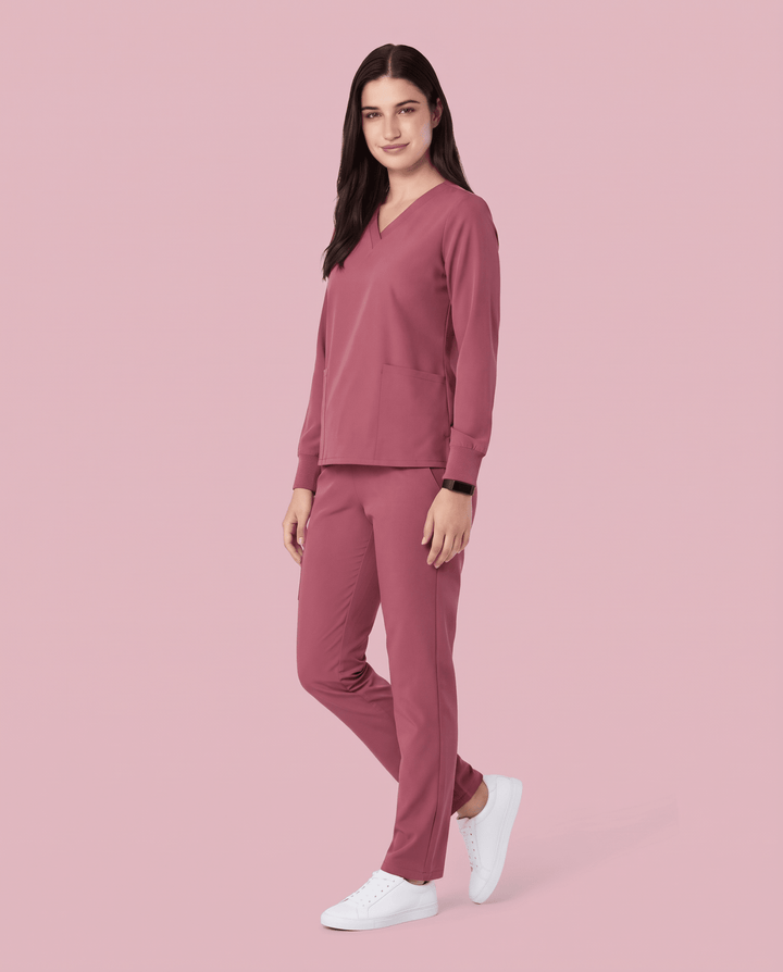 Long-Sleeve 6-Pocket V-neck Top Mauve