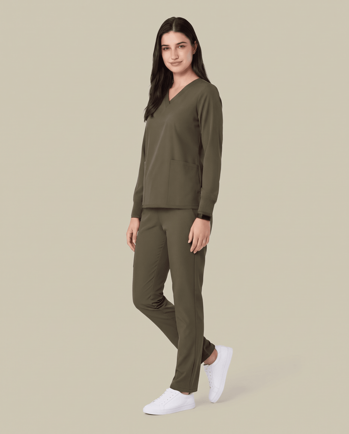 Long-Sleeve 6-Pocket V-neck Top Olive
