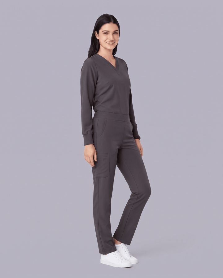 Long-Sleeve 6-Pocket V-neck Top Pewter