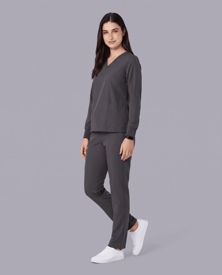 Long-Sleeve 6-Pocket V-neck Top Pewter