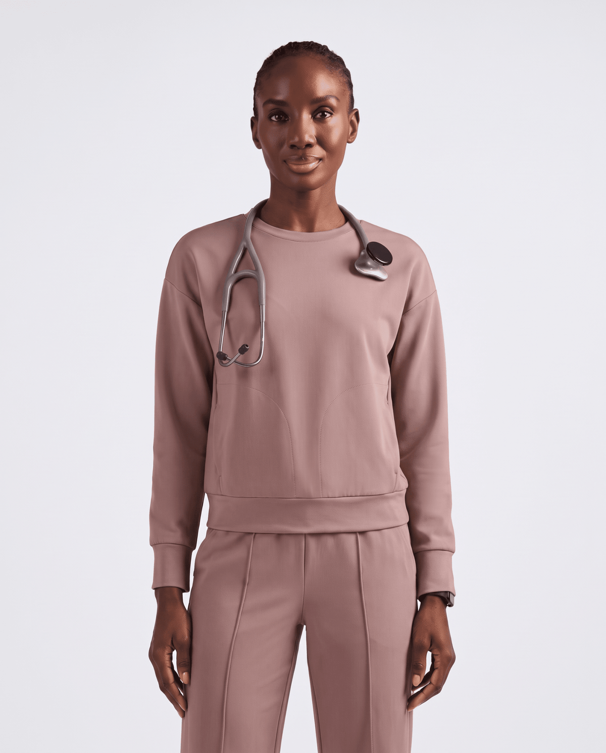 Long-Sleeve Crew-Neck Top Smokey Taupe - Scrubloop