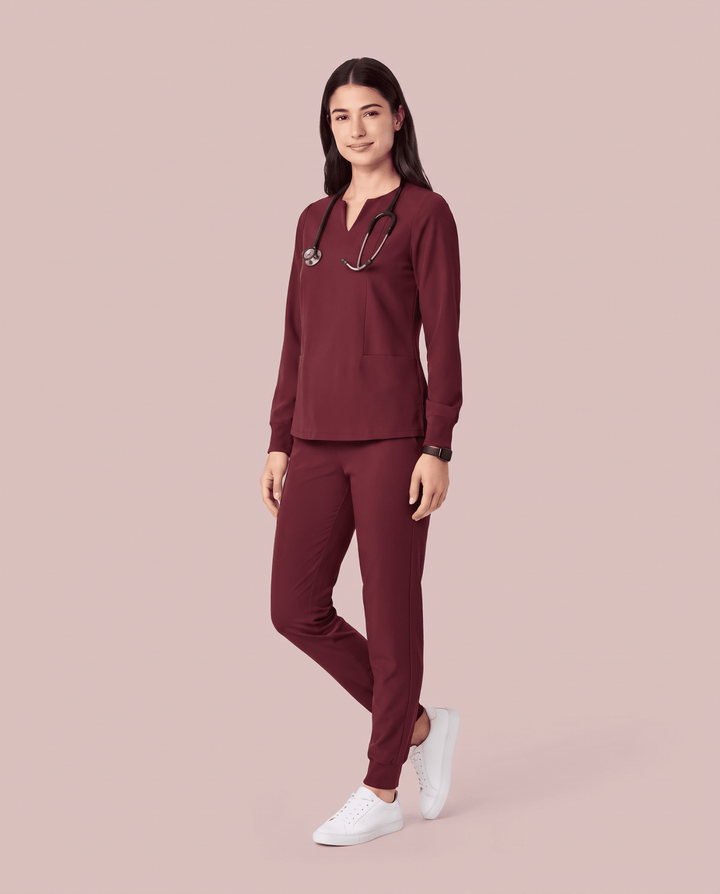 Long-Sleeve Notch Neck Top Burgundy