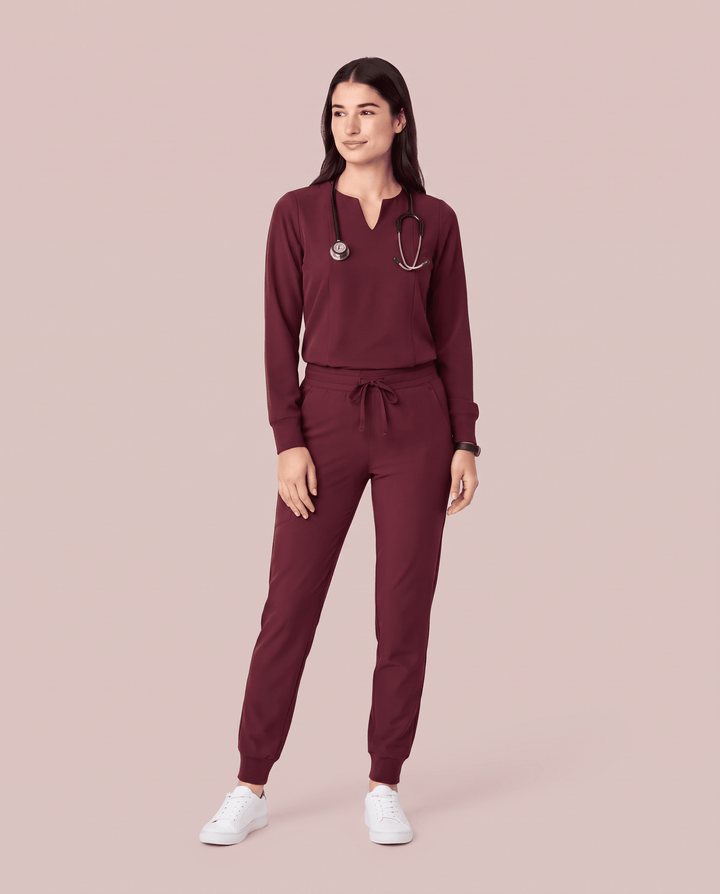 Long-Sleeve Notch Neck Top Burgundy