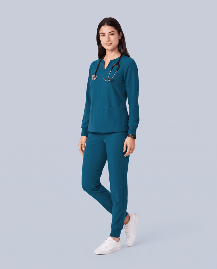 Long-Sleeve Notch Neck Top Caribbean Blue