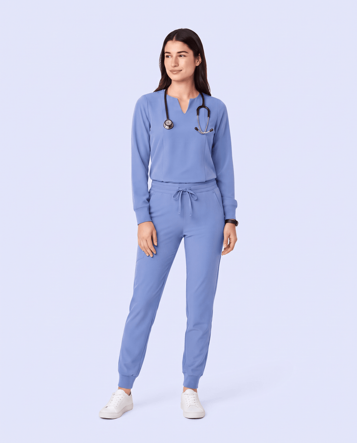 Long-Sleeve Notch Neck Top Ceil Blue