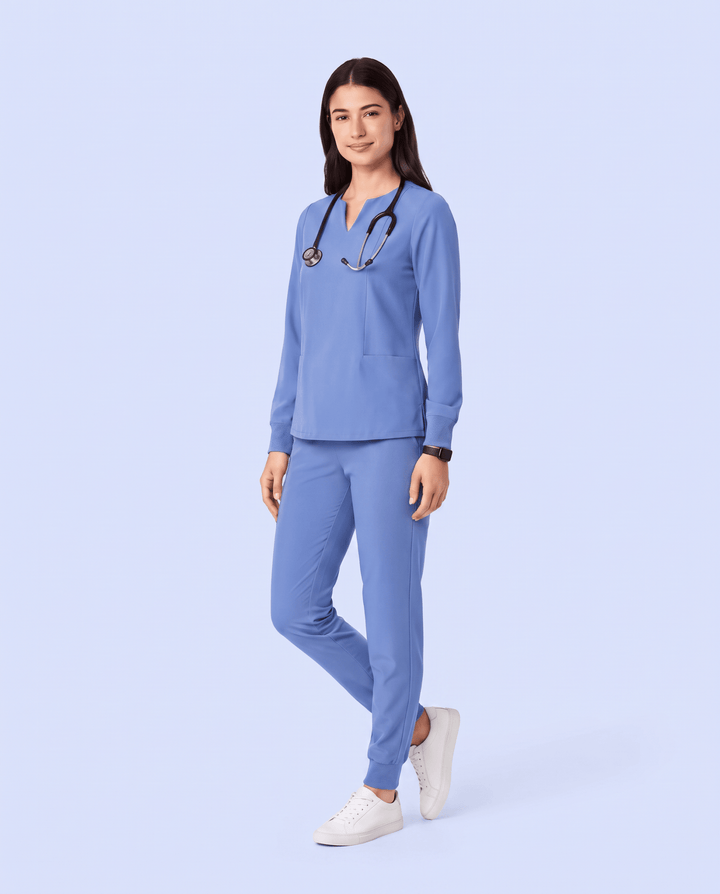 Long-Sleeve Notch Neck Top Ceil Blue
