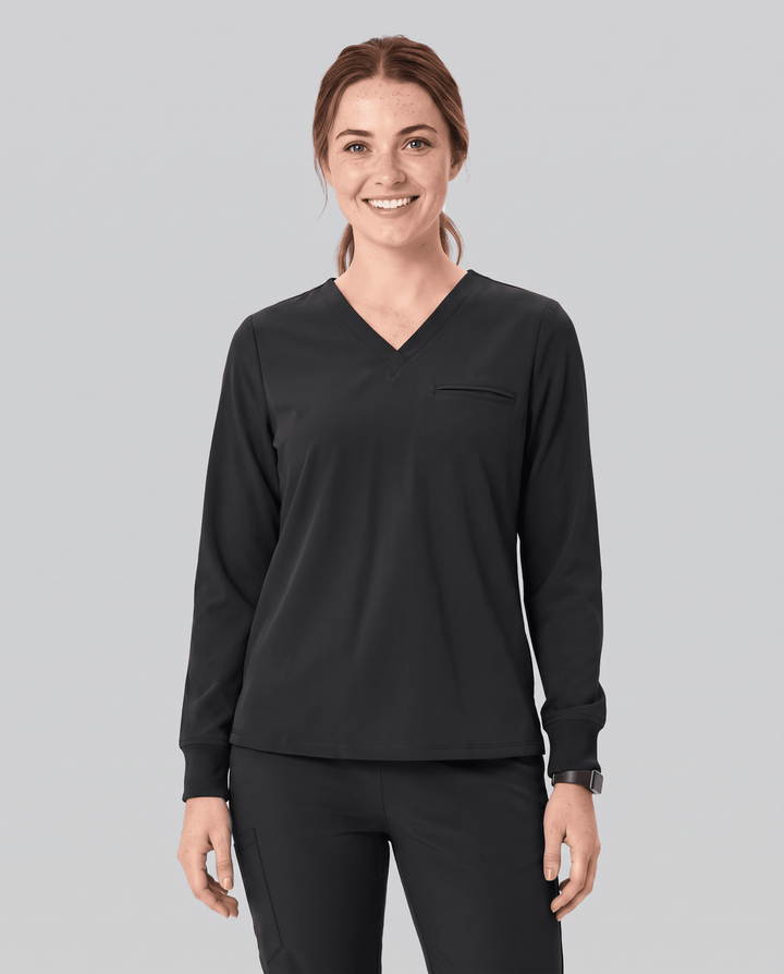 Long-Sleeve One-Pocket V-neck Top Black