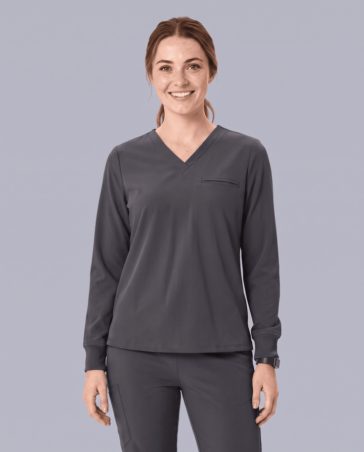 Long-Sleeve One-Pocket V-neck Top Pewter