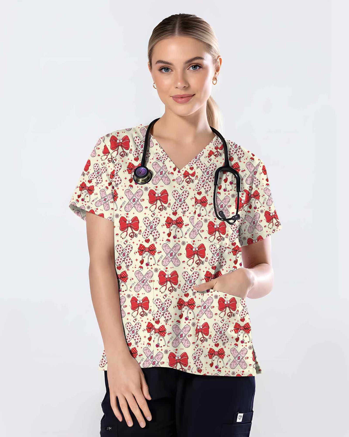 Lovely Coquette Bow Stethoscope Band-Aid Valentine Scrub Top - Scrubloop