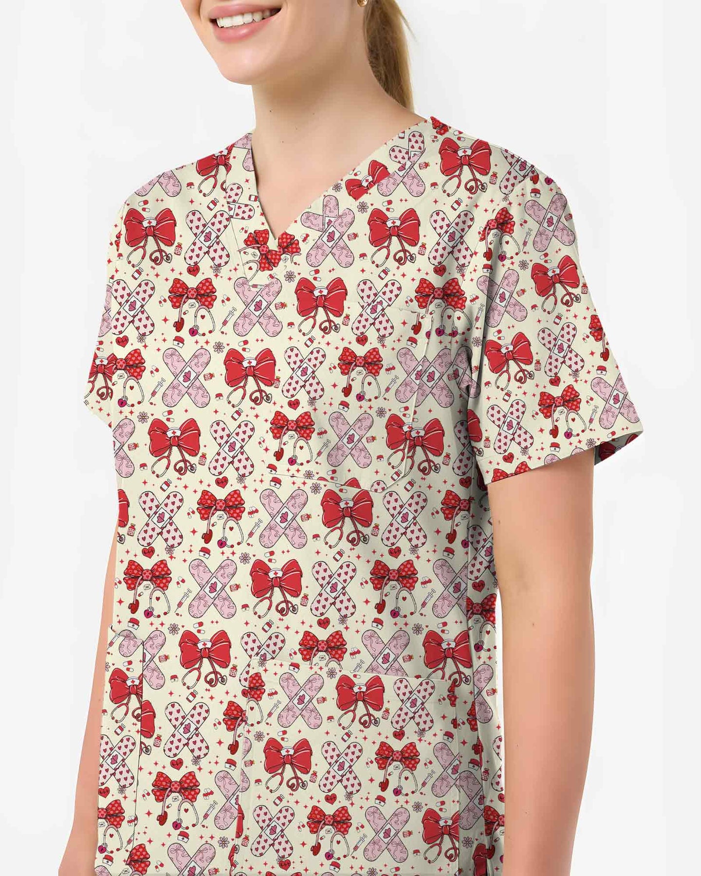 Lovely Coquette Bow Stethoscope Band-Aid Valentine Scrub Top - Scrubloop