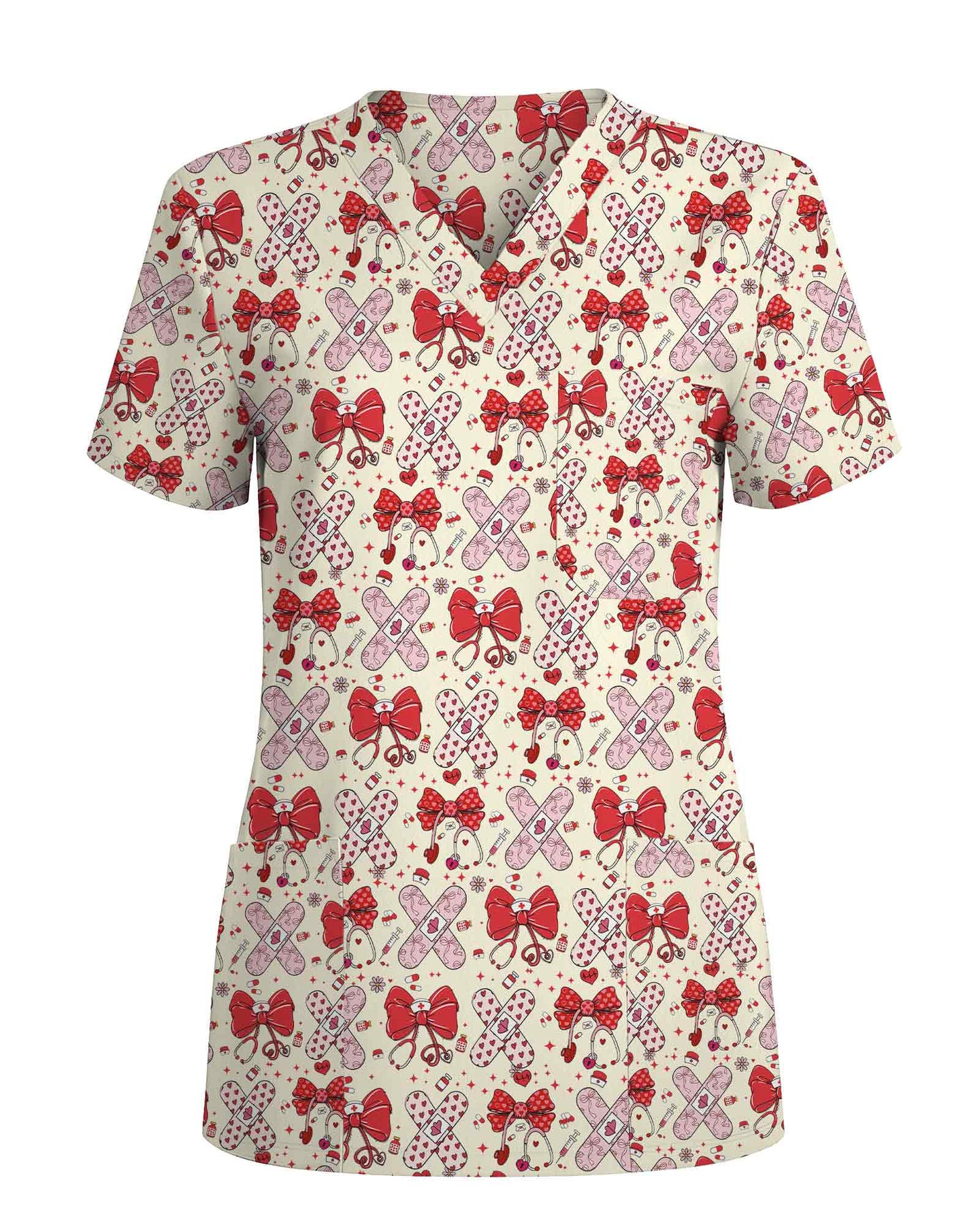 Lovely Coquette Bow Stethoscope Band-Aid Valentine Scrub Top - Scrubloop