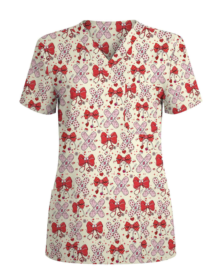Lovely Coquette Bow Stethoscope Band-Aid Valentine Scrub Top