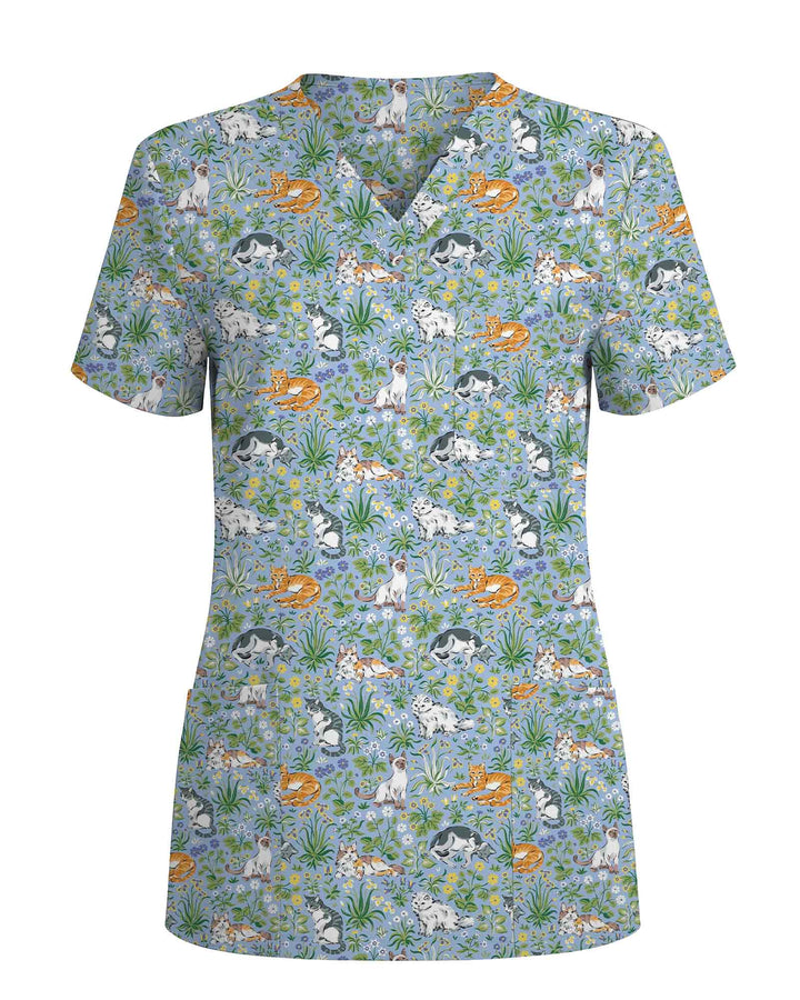 Lovely Garden Cat Cottagecore Floral Scrub Top