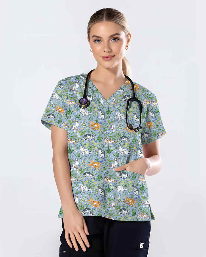 Lovely Garden Cat Cottagecore Floral Scrub Top