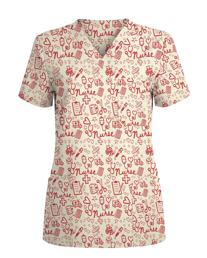 Lovely Red Nurse Doodle Art Scrub Top