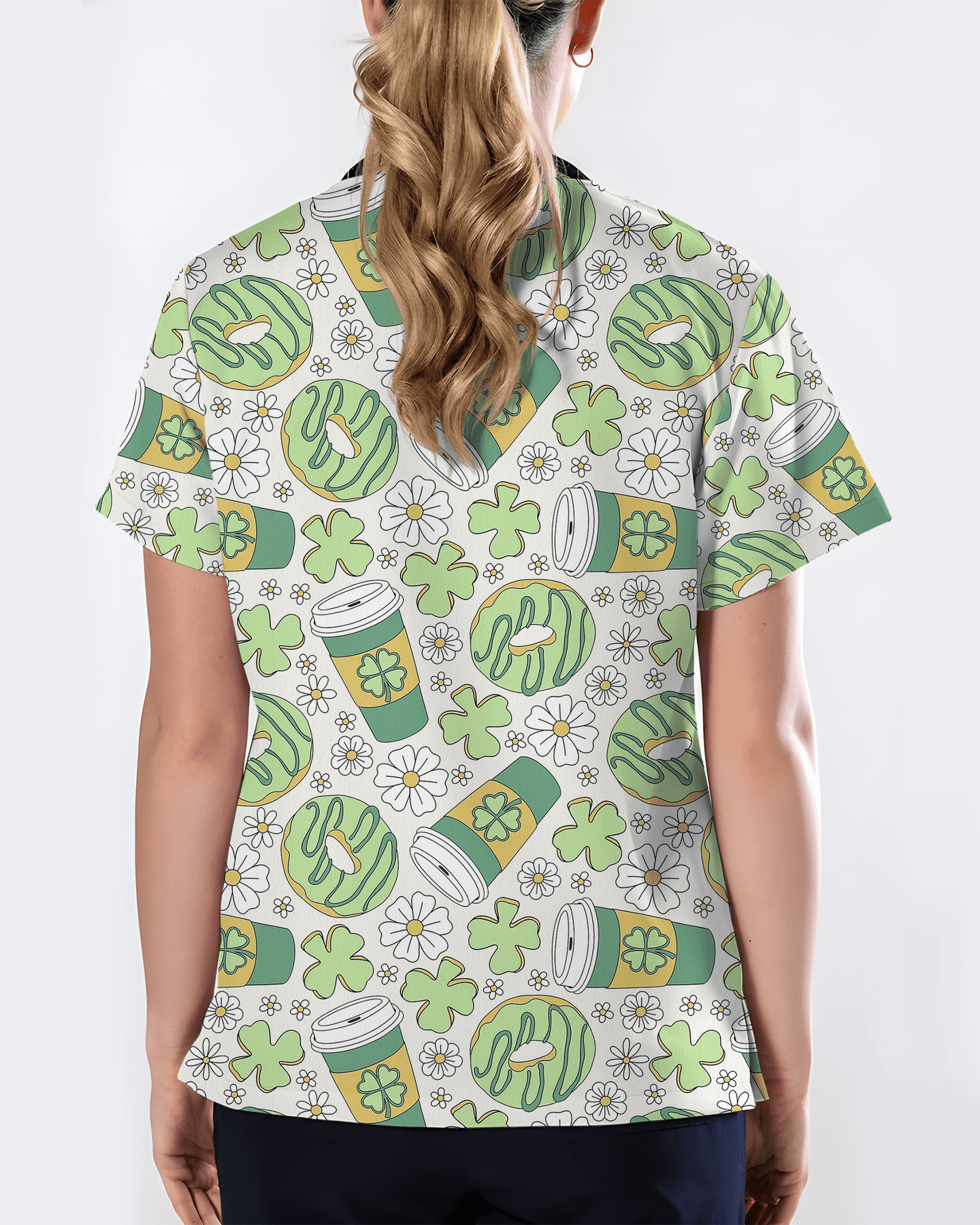 Lucky Latte Cozy Café Charm Women Scrub Top - Scrubloop