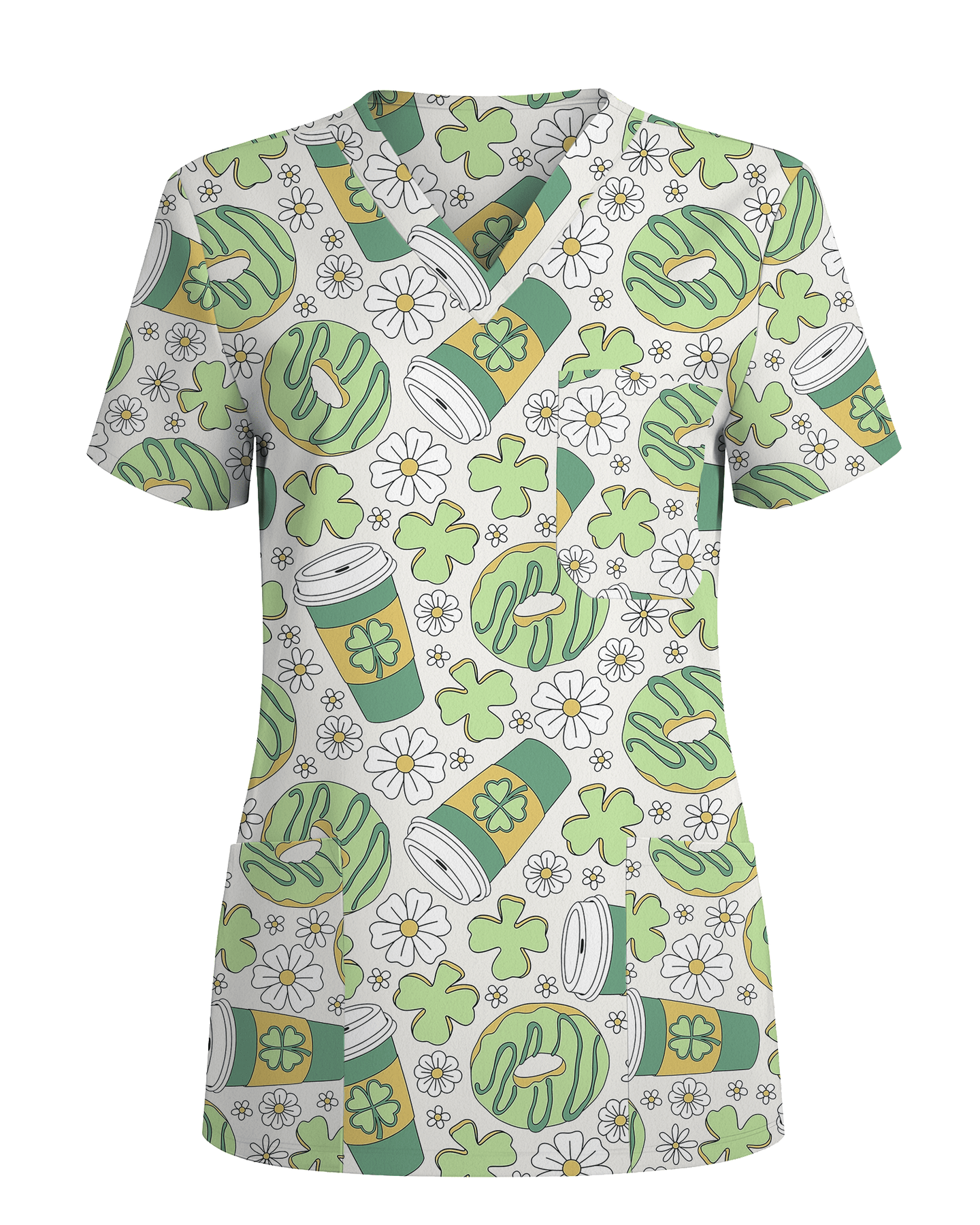 Lucky Latte Cozy Café Charm Women Scrub Top - Scrubloop