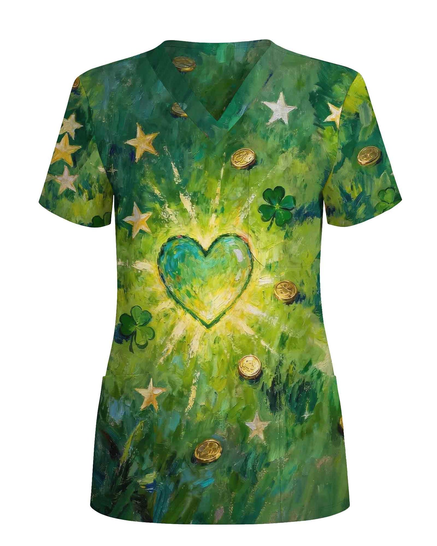 Lucky Shamrock Green Heart Nursing Scrub Top - Scrubloop