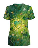 Lucky Shamrock Green Heart Nursing Scrub Top - Scrubloop
