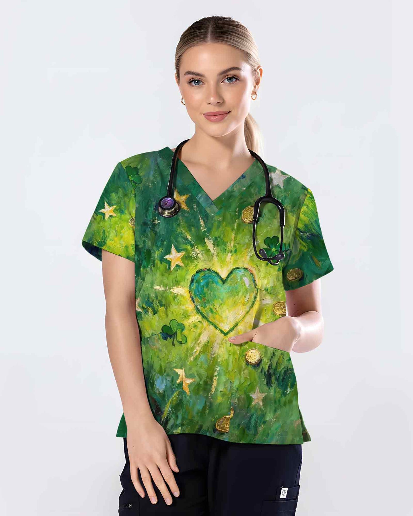 Lucky Shamrock Green Heart Nursing Scrub Top - Scrubloop