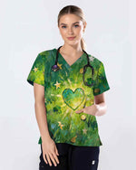 Lucky Shamrock Green Heart Nursing Scrub Top - Scrubloop