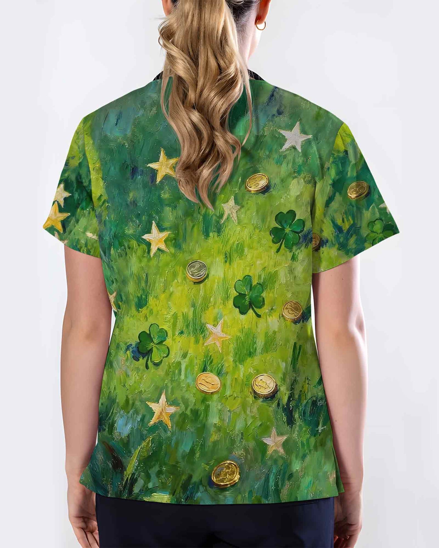 Lucky Shamrock Green Heart Nursing Scrub Top - Scrubloop