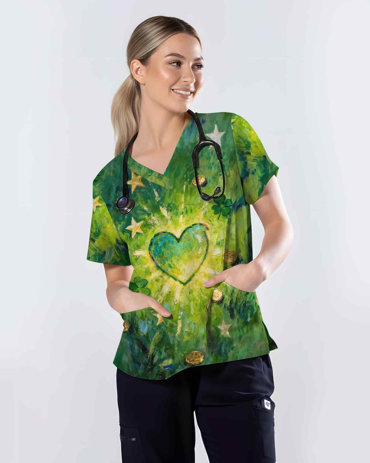 Lucky Shamrock Green Heart Nursing Scrub Top - Scrubloop
