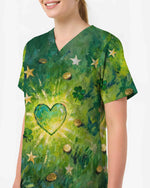 Lucky Shamrock Green Heart Nursing Scrub Top - Scrubloop