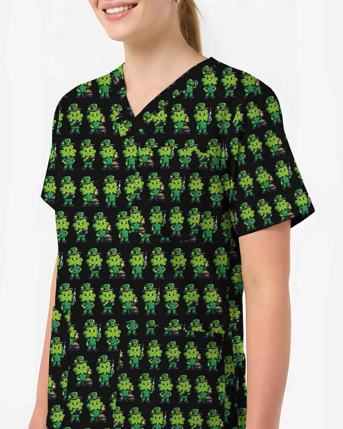 Lucky Shamrock Leprechaun St. Patrick's Day Scrub Top - Scrubloop