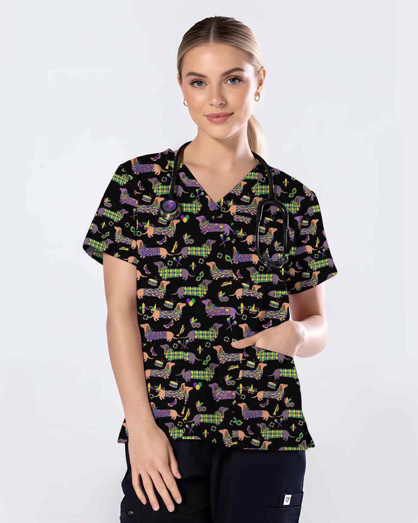 Mardi Gras Dachshund Nurse Medical Scrub Top - Scrubloop
