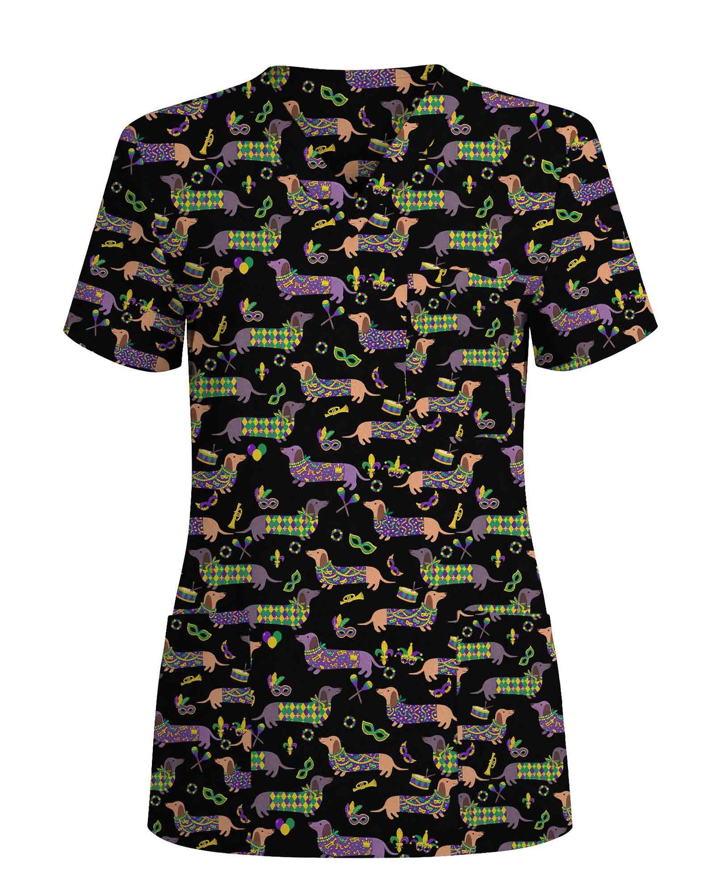 Mardi Gras Dachshund Nurse Medical Scrub Top - Scrubloop