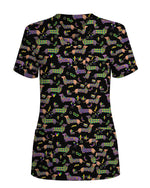 Mardi Gras Dachshund Nurse Medical Scrub Top - Scrubloop