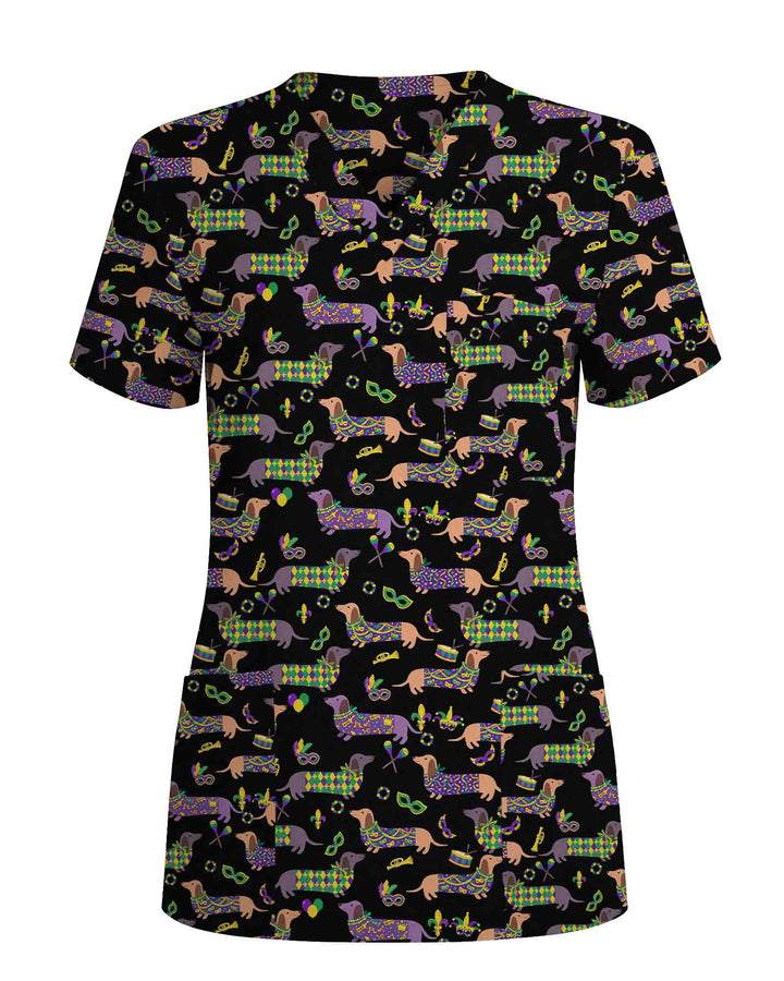 Mardi Gras Dachshund Nurse Medical Scrub Top