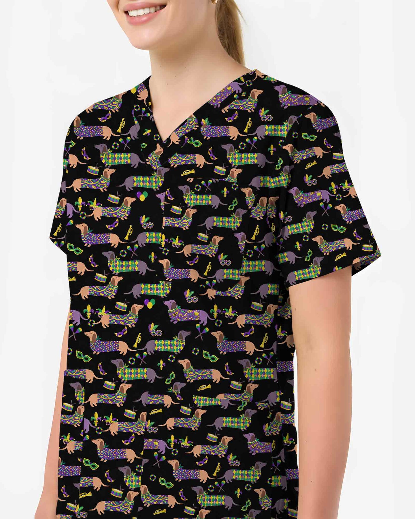 Mardi Gras Dachshund Nurse Medical Scrub Top - Scrubloop