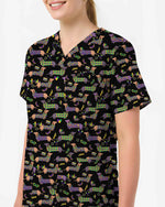 Mardi Gras Dachshund Nurse Medical Scrub Top - Scrubloop