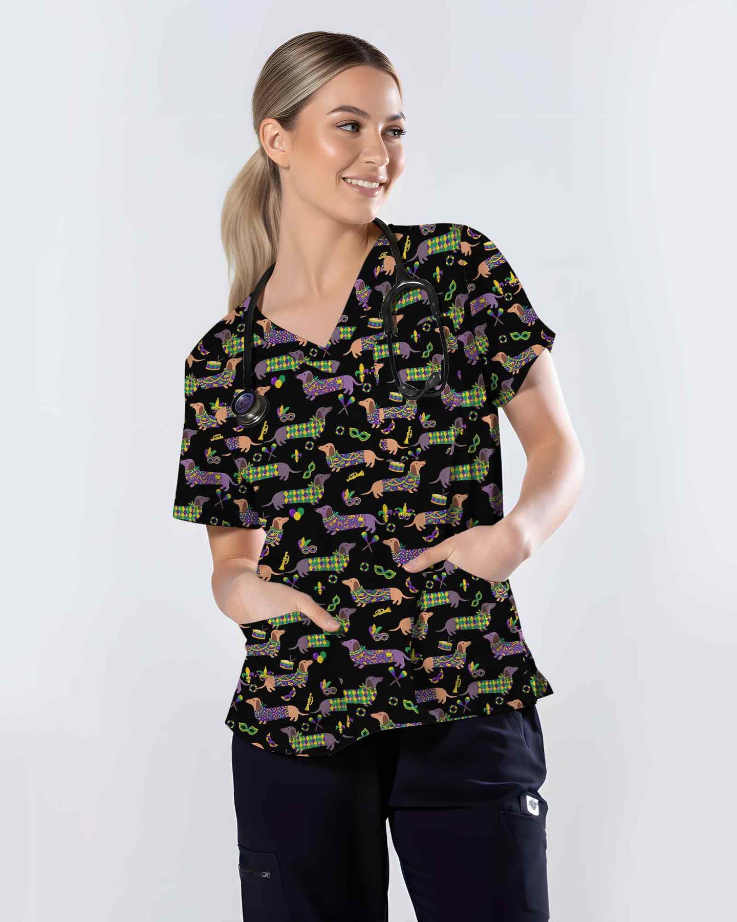 Mardi Gras Dachshund Nurse Medical Scrub Top - Scrubloop