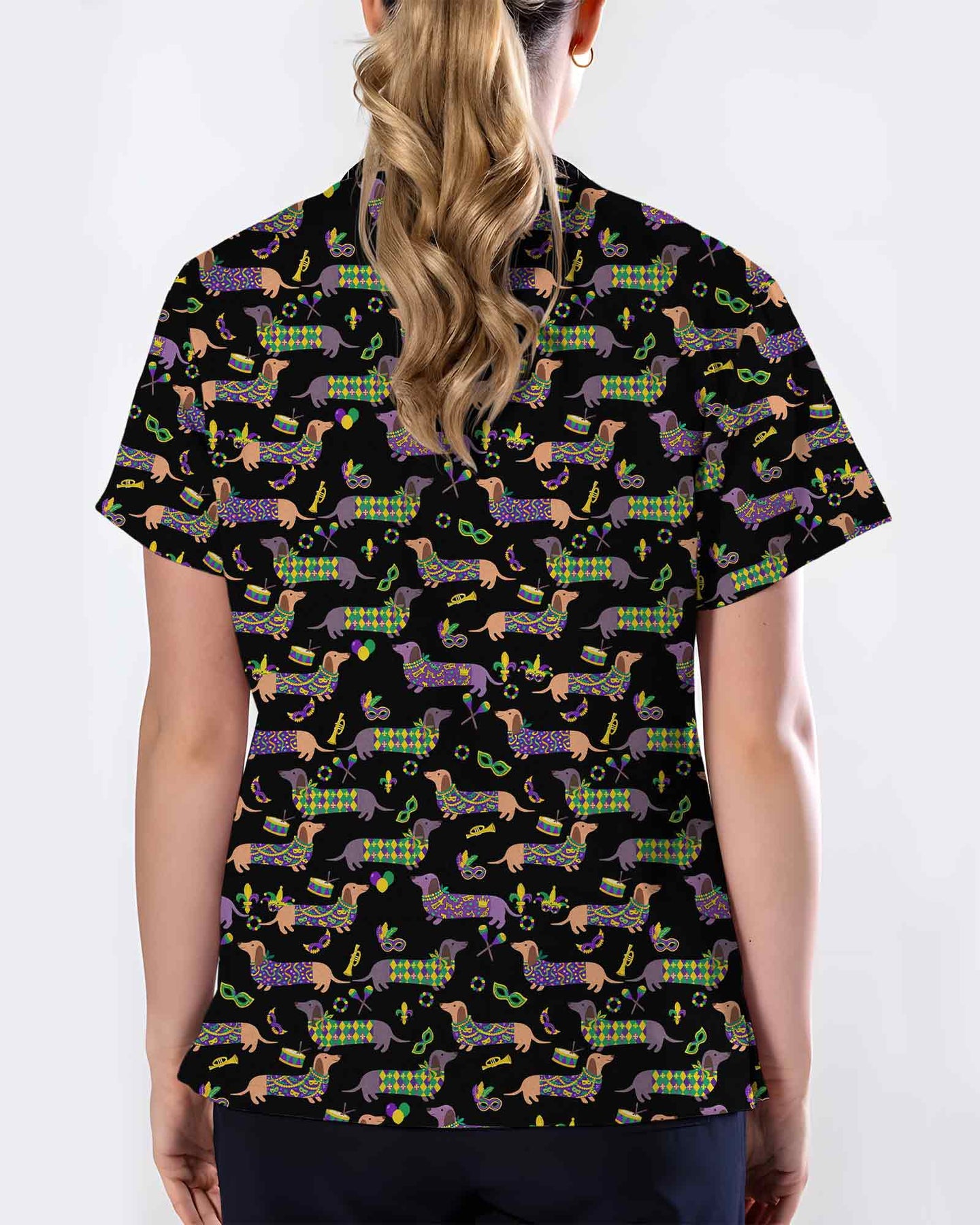 Mardi Gras Dachshund Nurse Medical Scrub Top - Scrubloop