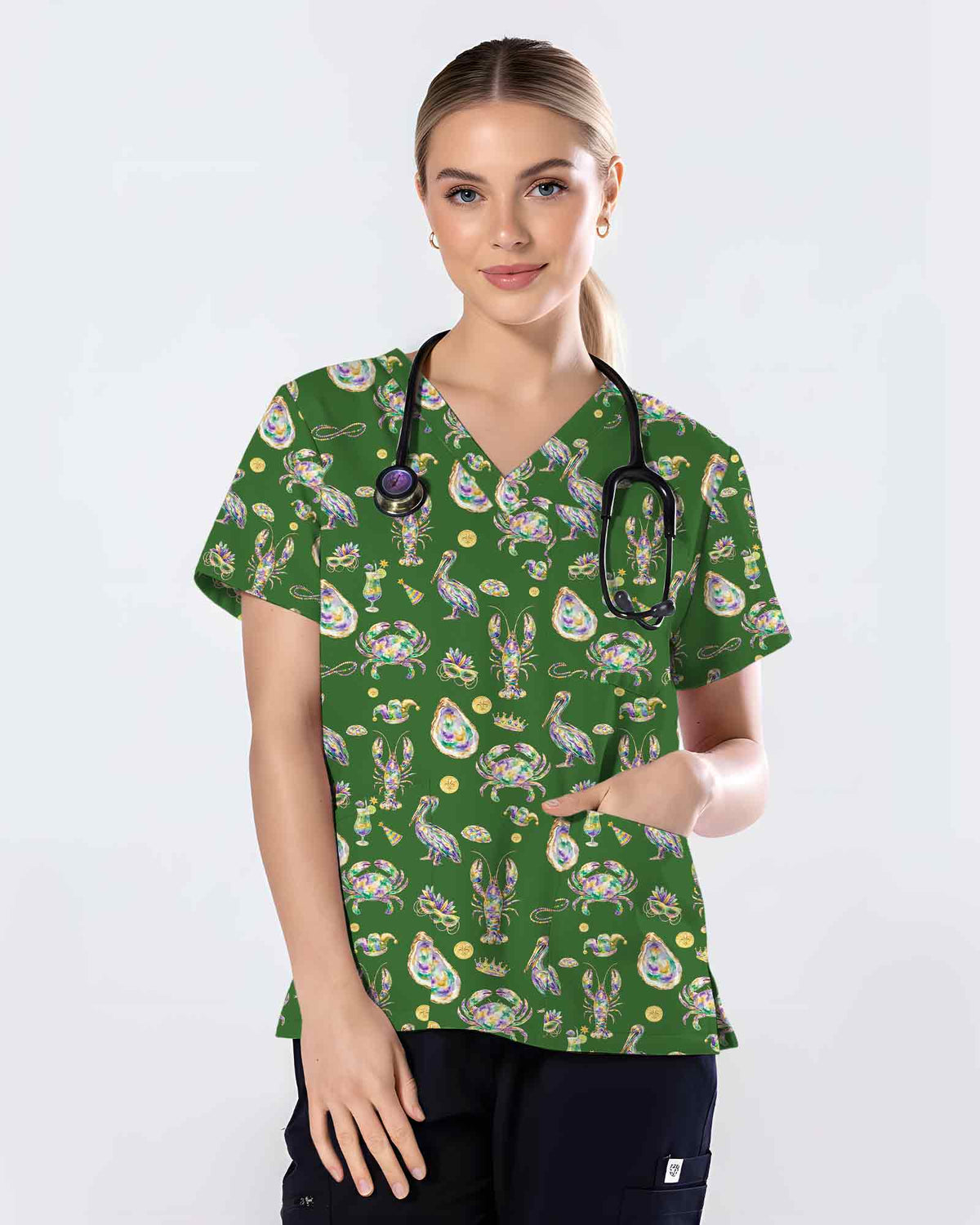 Mardi Gras Seafood Carnival Scrub Top - Scrubloop