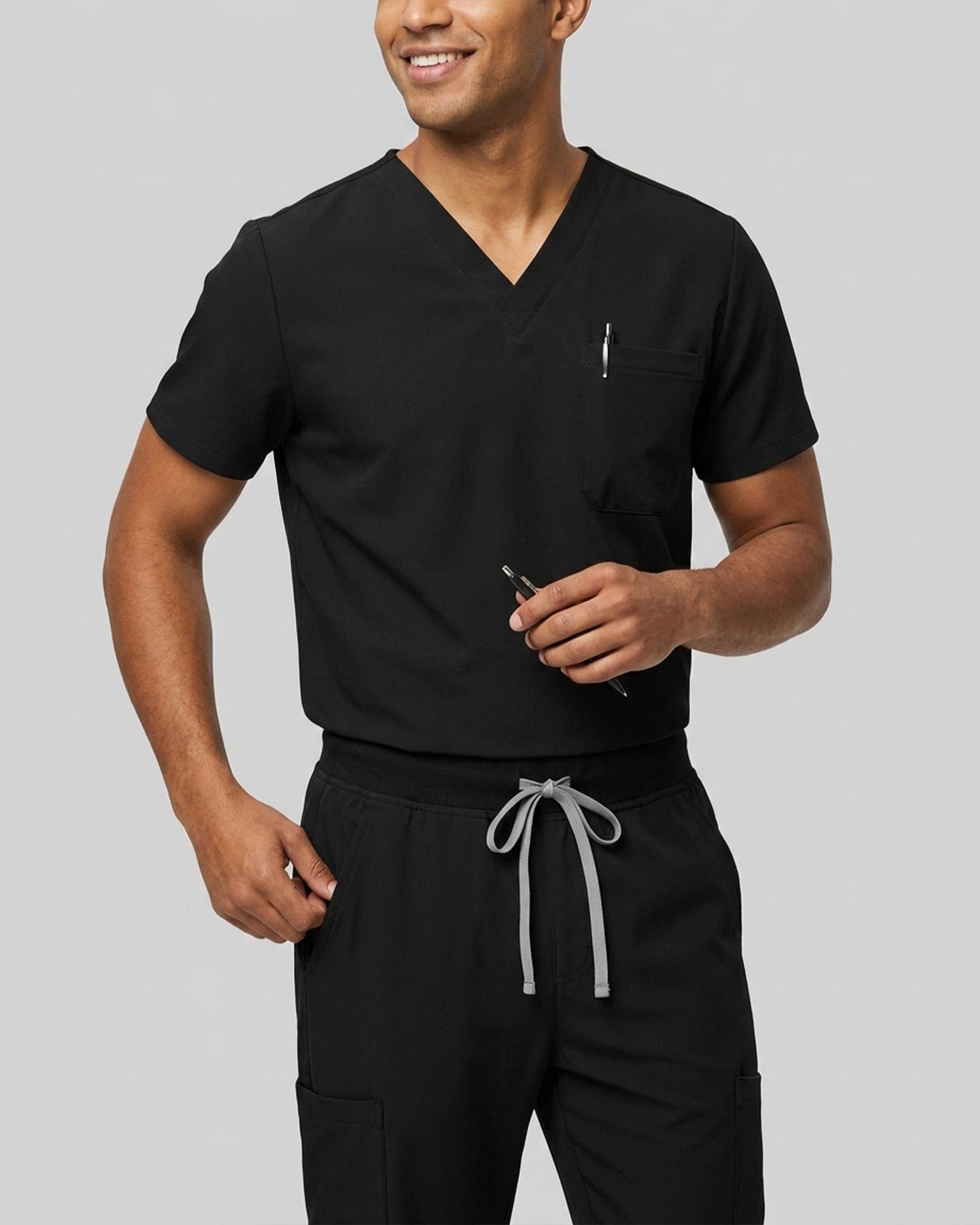 Men's One-Pocket V-neck Scrub Top Black - Scrubloop