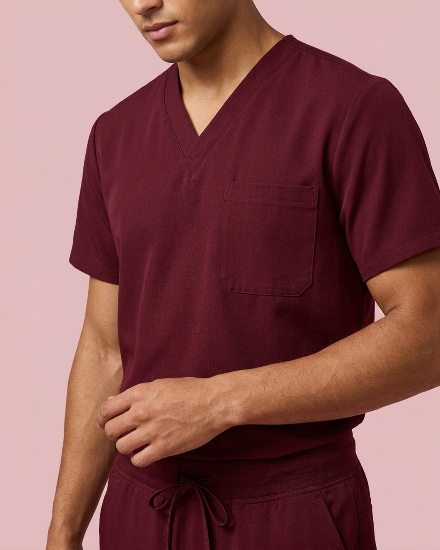 Men's One-Pocket V-neck Scrub Top Burgundy - Scrubloop