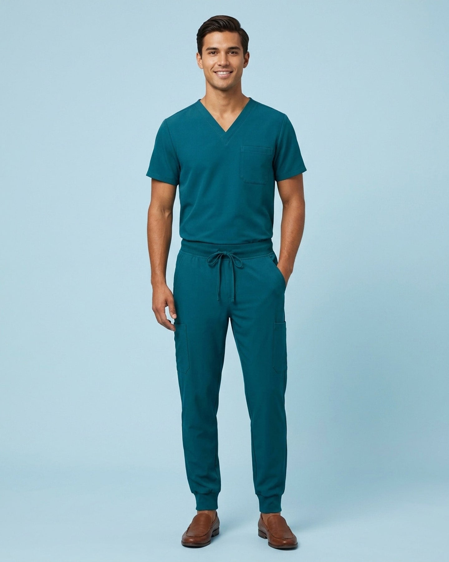 Men's One-Pocket V-neck Scrub Top Caribbean Blue - Scrubloop