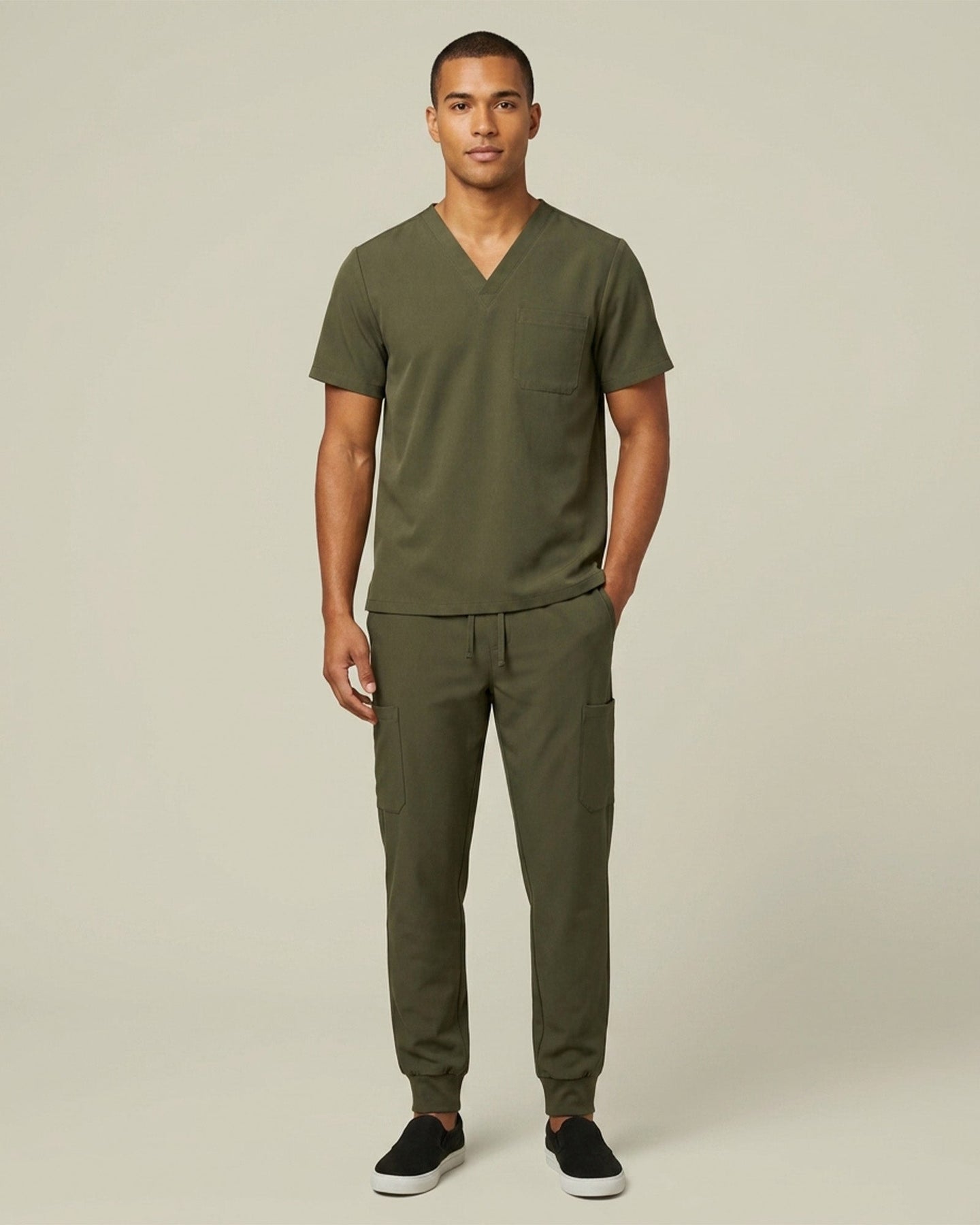 Men's One-Pocket V-neck Scrub Top Olive - Scrubloop
