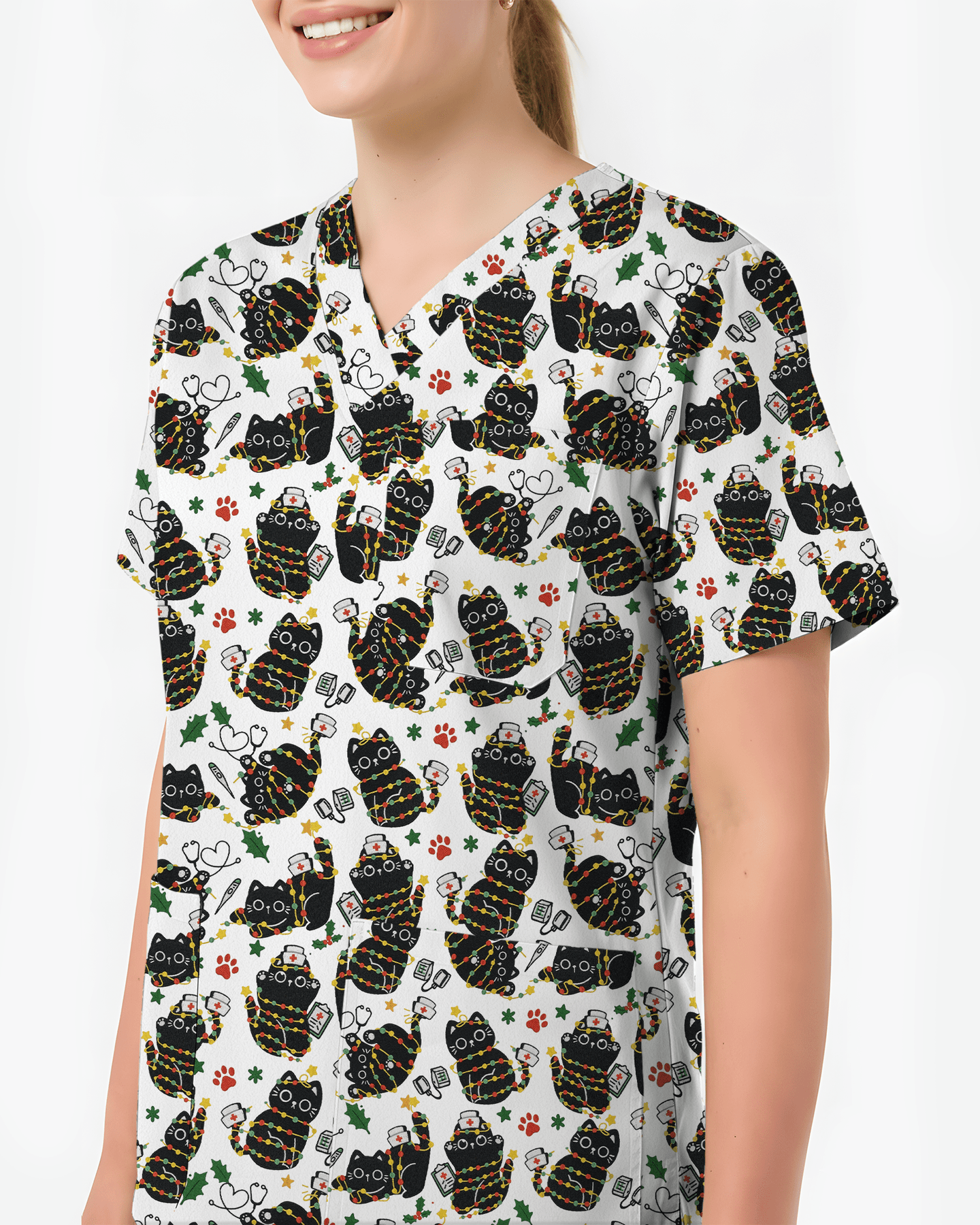 Merry Catmas Christmas Lights Black Cat Scrub Top - Scrubloop
