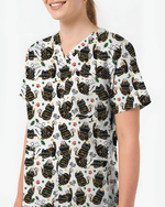 Merry Catmas Christmas Lights Black Cat Scrub Top - Scrubloop