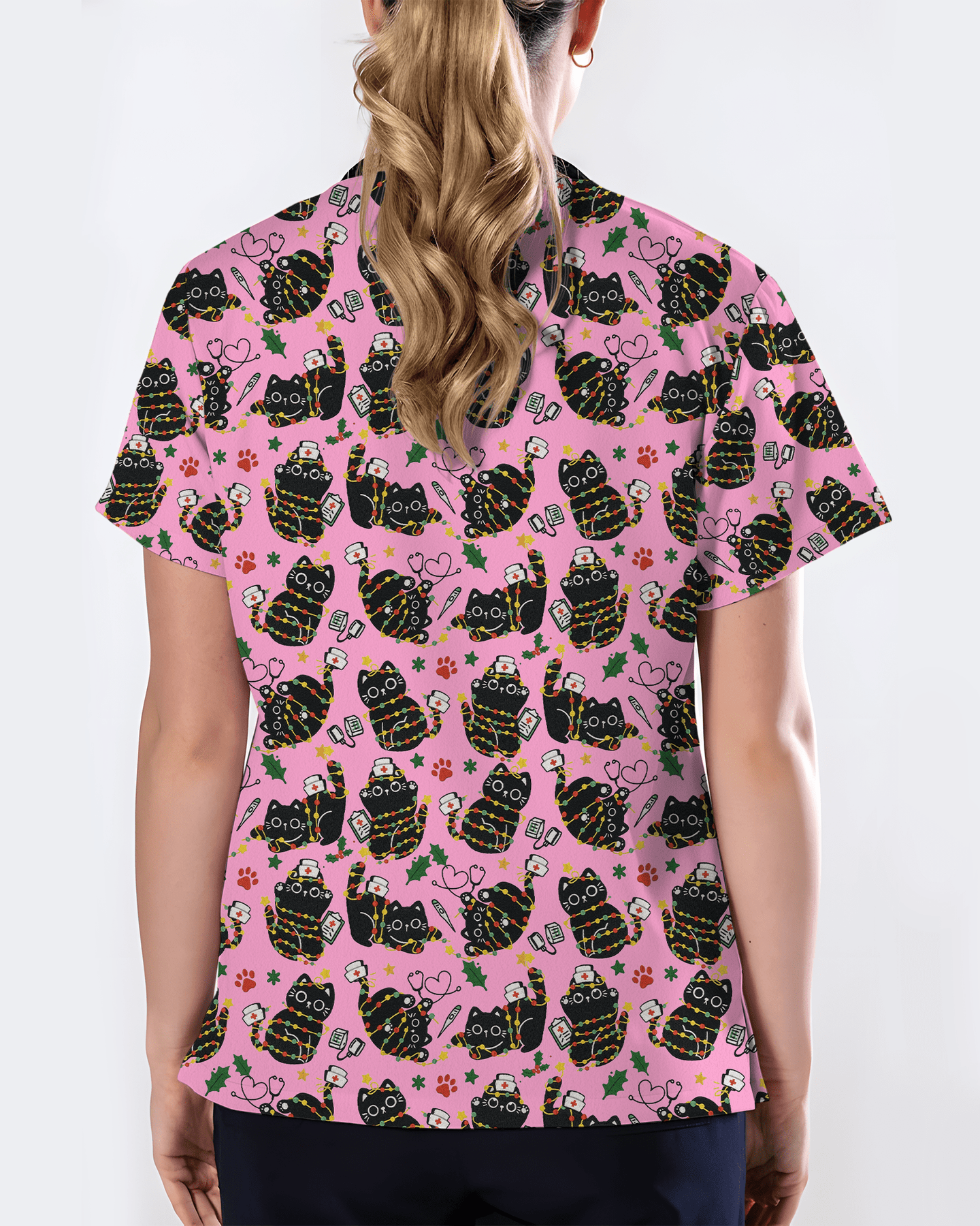 Merry Catmas Christmas Lights Black Cat Scrub Top - Scrubloop