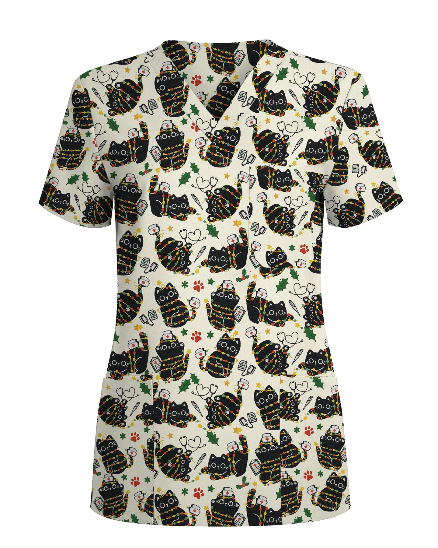 Merry Catmas Christmas Lights Black Cat Scrub Top - Scrubloop
