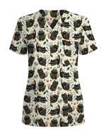Merry Catmas Christmas Lights Black Cat Scrub Top - Scrubloop