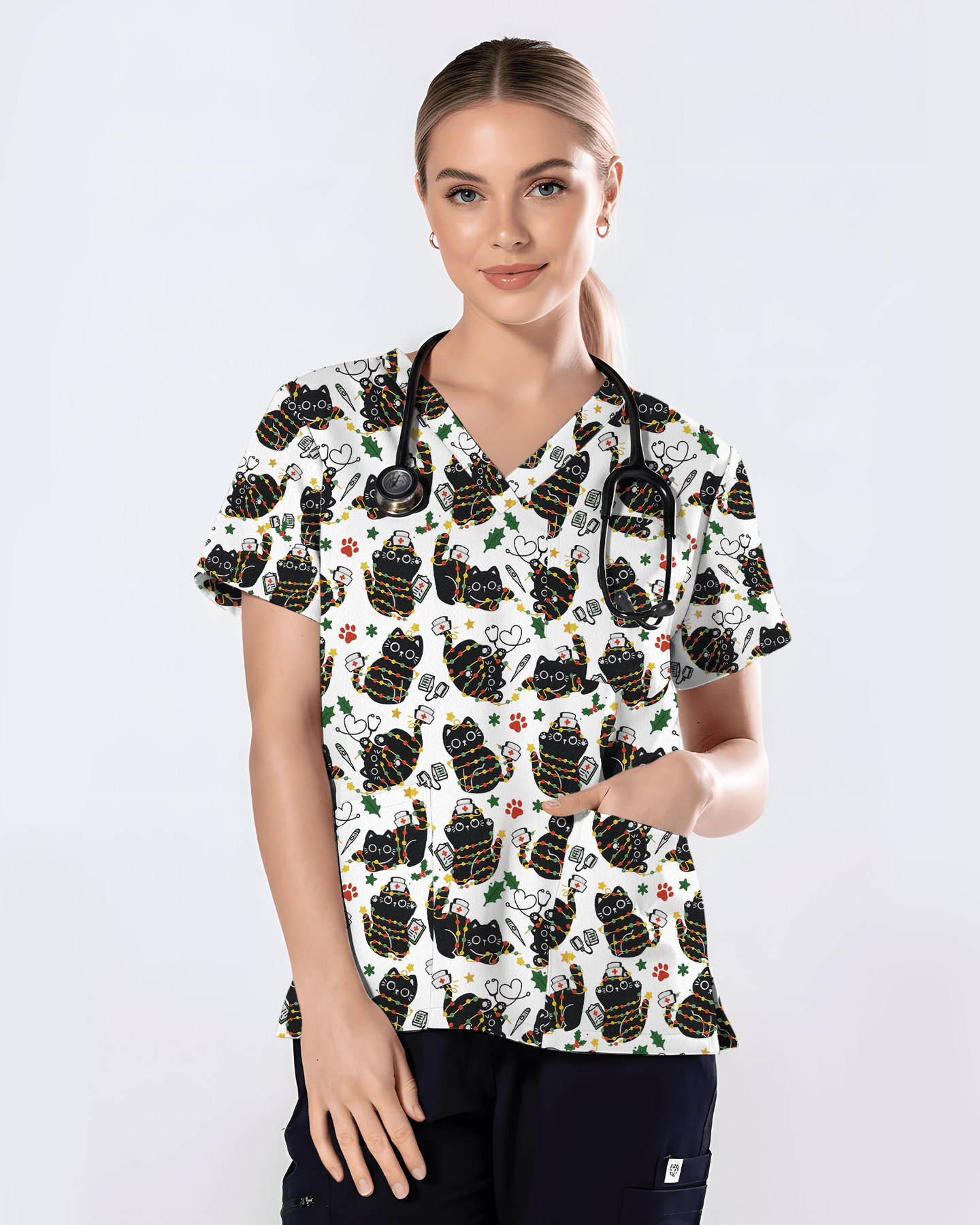 Merry Catmas Christmas Lights Black Cat Scrub Top - Scrubloop
