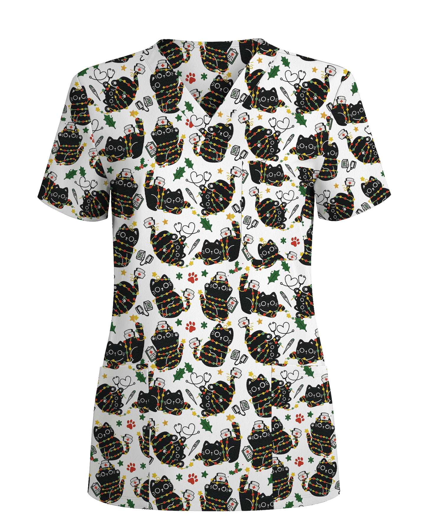 Merry Catmas Christmas Lights Black Cat Scrub Top - Scrubloop